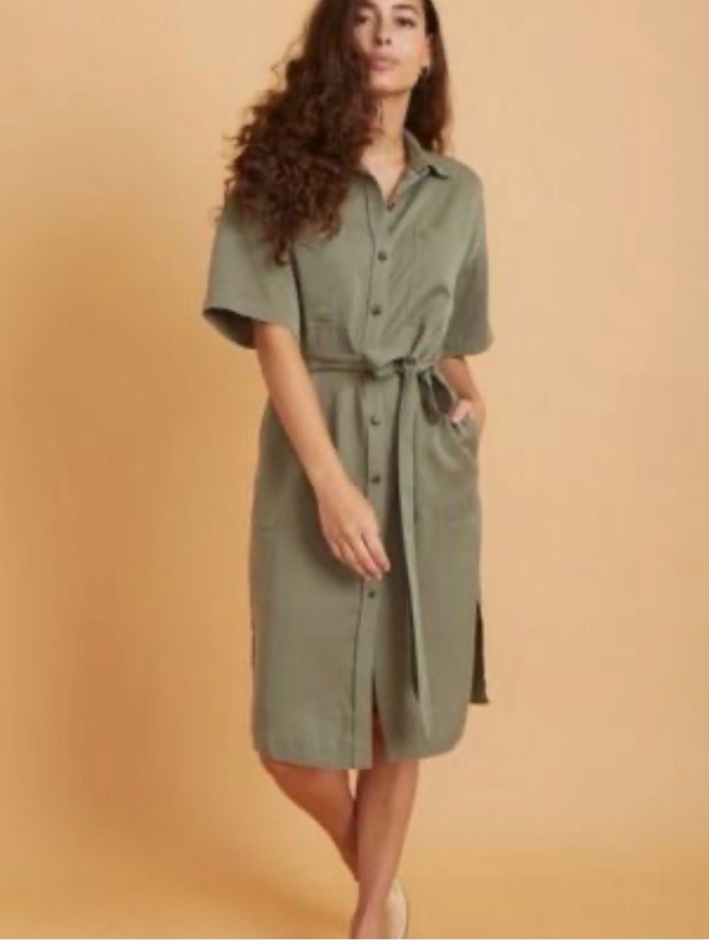 Marine Layer Renata Classic Button-Front Shirt Dress in Olive Green